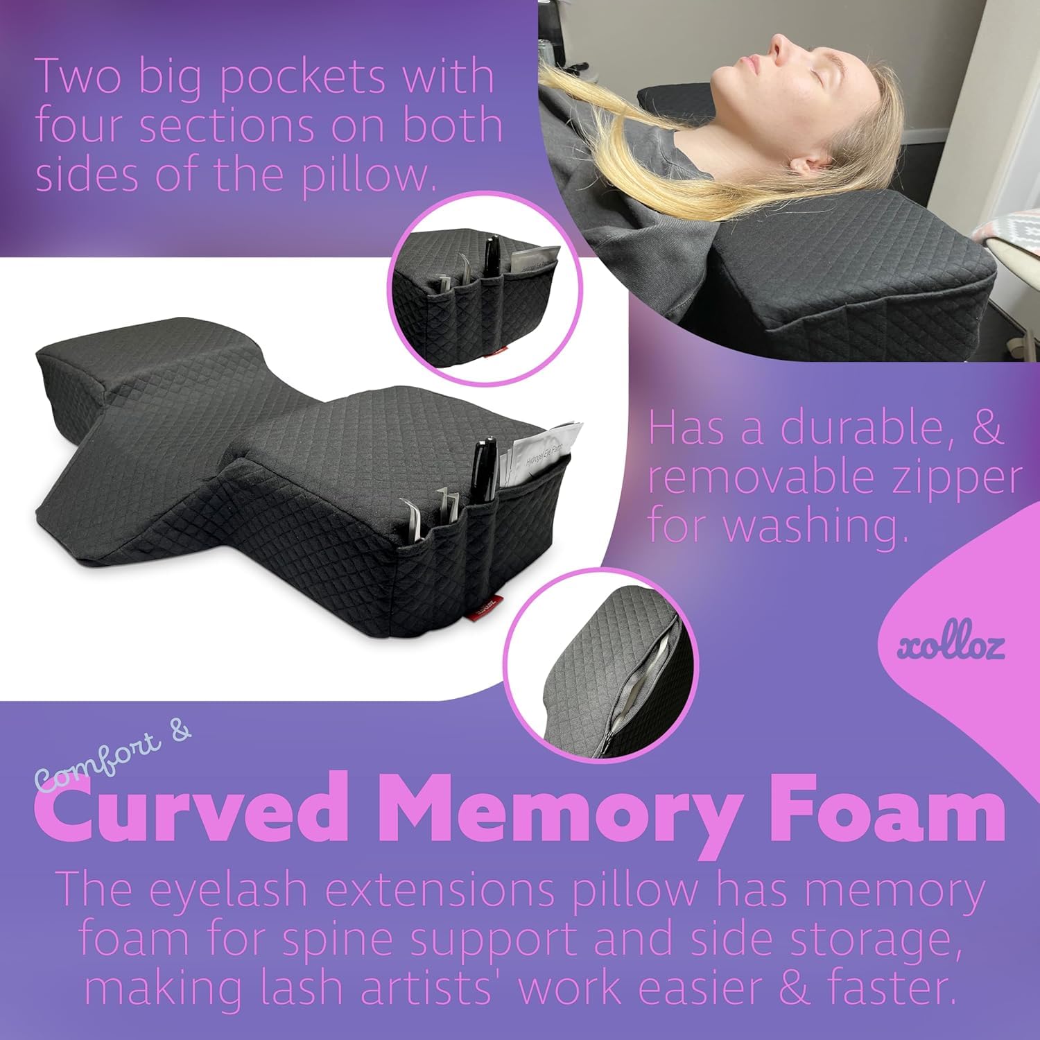 XOLLOZ Lash Pillow premium three-layer cover adds luxury and durability.