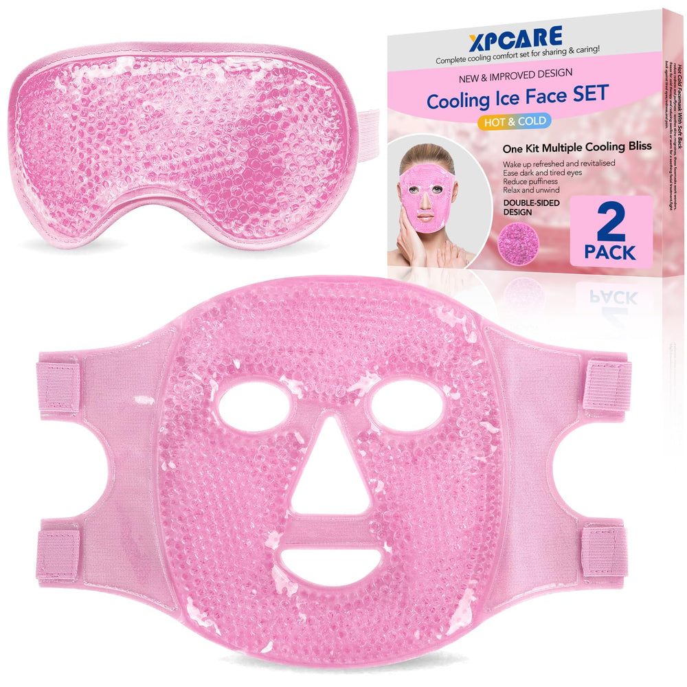 XPCARE cooling ice face mask pink shown on a soft surface for cooling relief