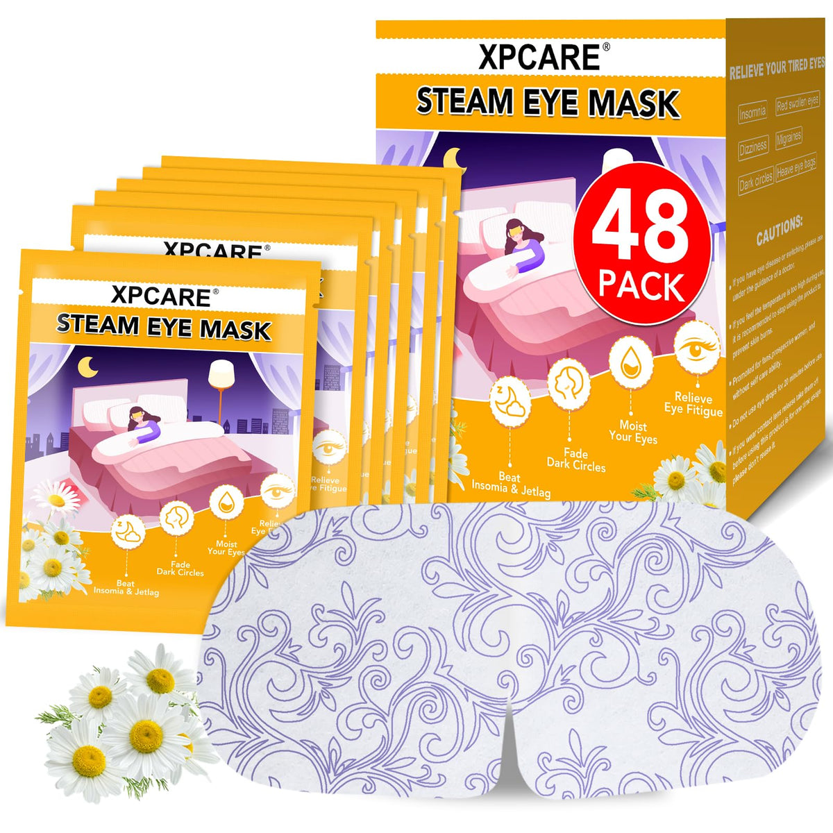 XPCARE mascarilla ocular de vapor con camomila y empaque individual para higiene.
