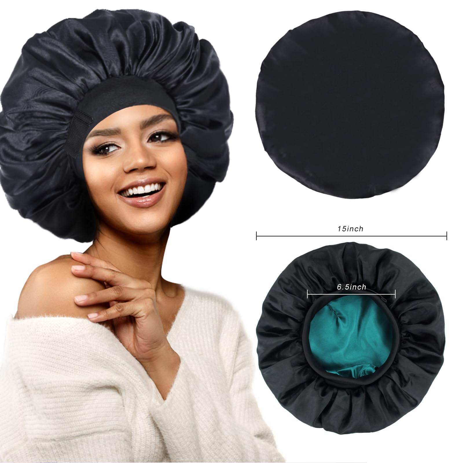 XRACEPHOL Silk Bonnet curly-hair fit closeup shows gentle wrap for curls.
