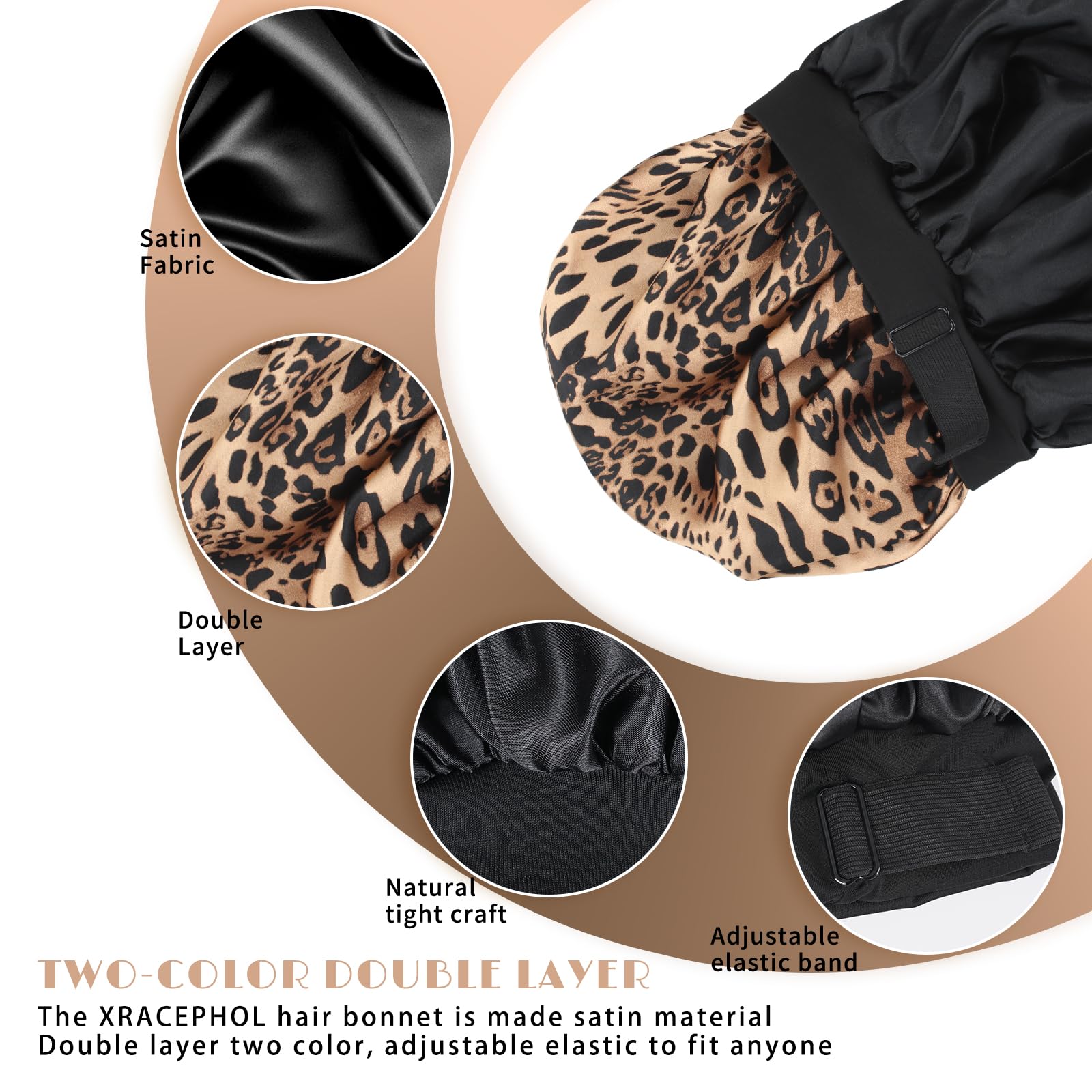 XRACEPHOL Silk Bonnet reversible Black and Leopard design for versatile style