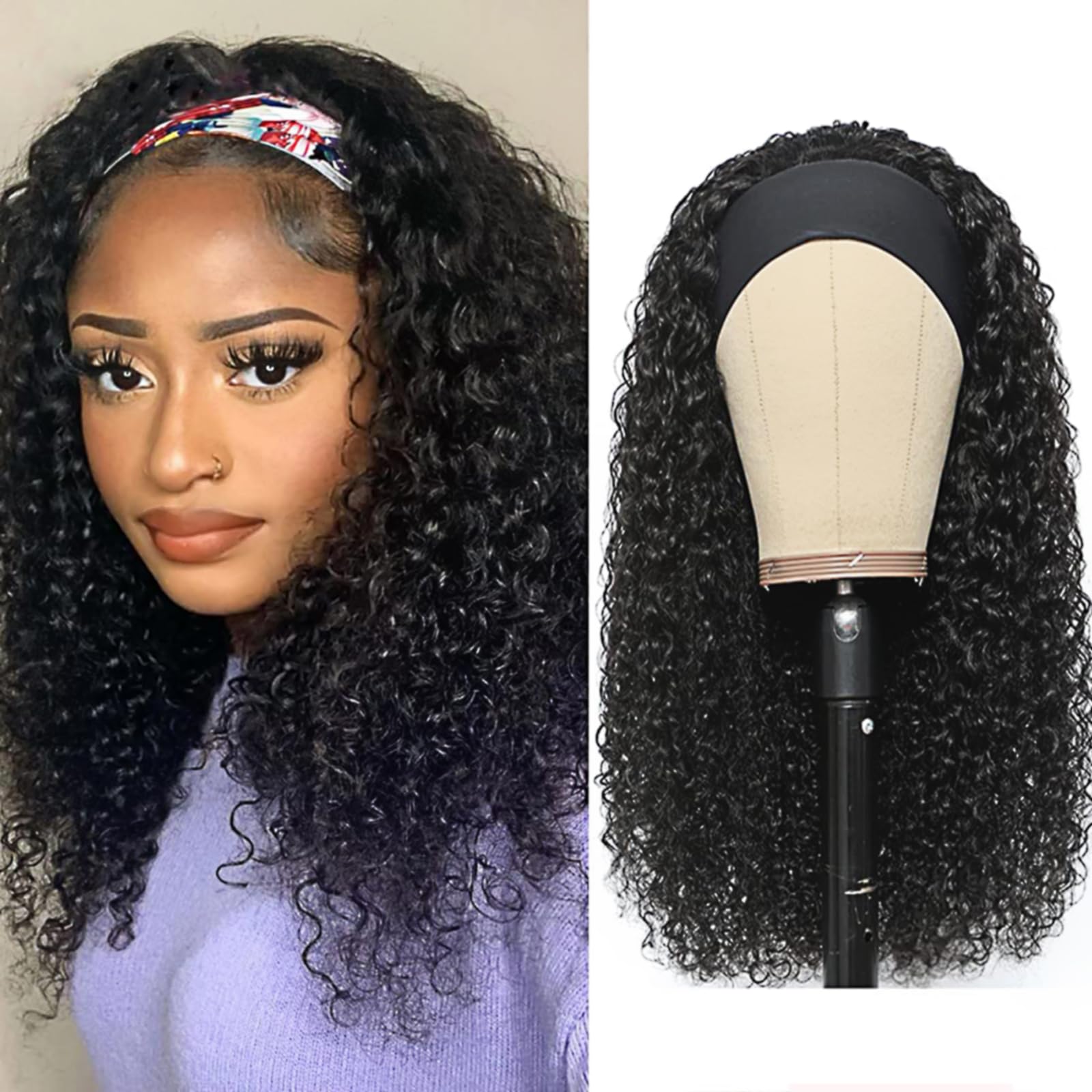 XSY Deep Wave Headband Wig 16in with natural Brazilian virgin hair for a soft look.