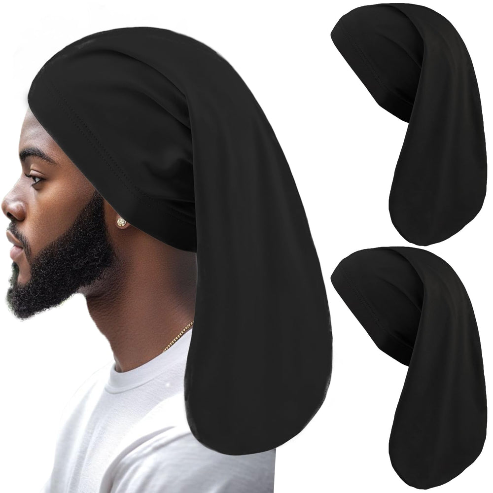 XTREND black dreadlock cap front view showing soft, stretchy fabric for comfortable all-night wear.