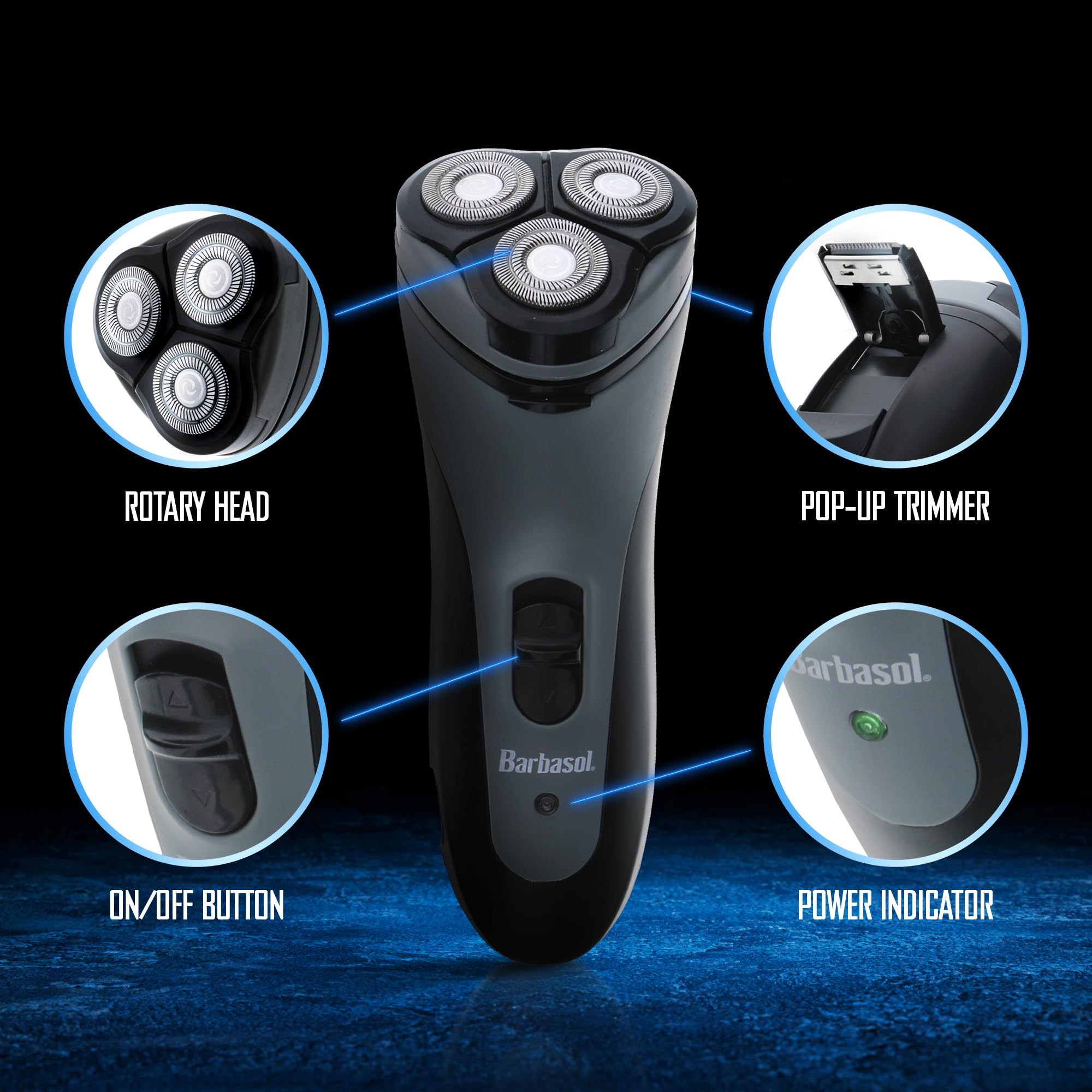 XTREME Barbasol Rotary Shaver angled handle demonstrates easy maneuvering for precise edges.