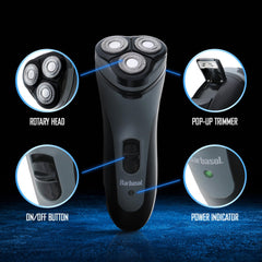 XTREME Barbasol Rotary Shaver angled handle demonstrates easy maneuvering for precise edges.
