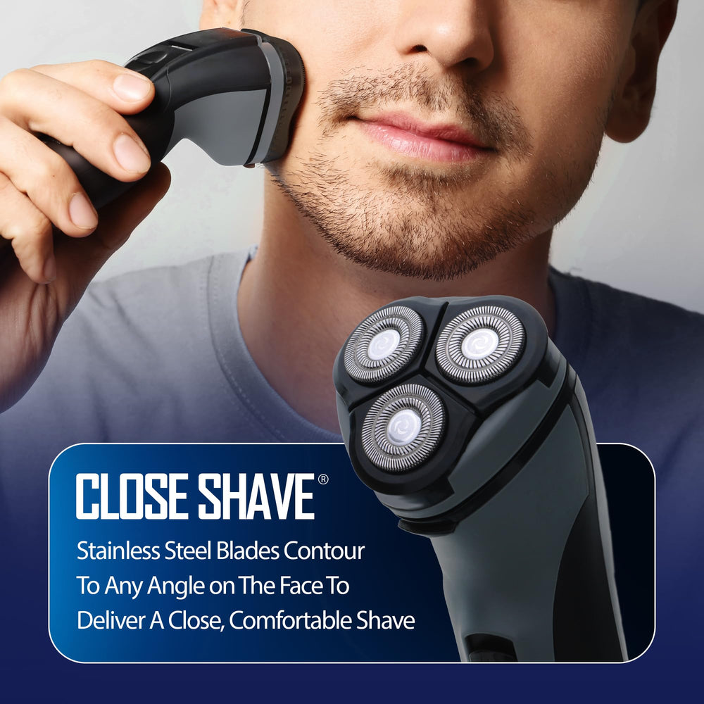 XTREME Barbasol Rotary Shaver blade close-up highlights stainless steel precision.
