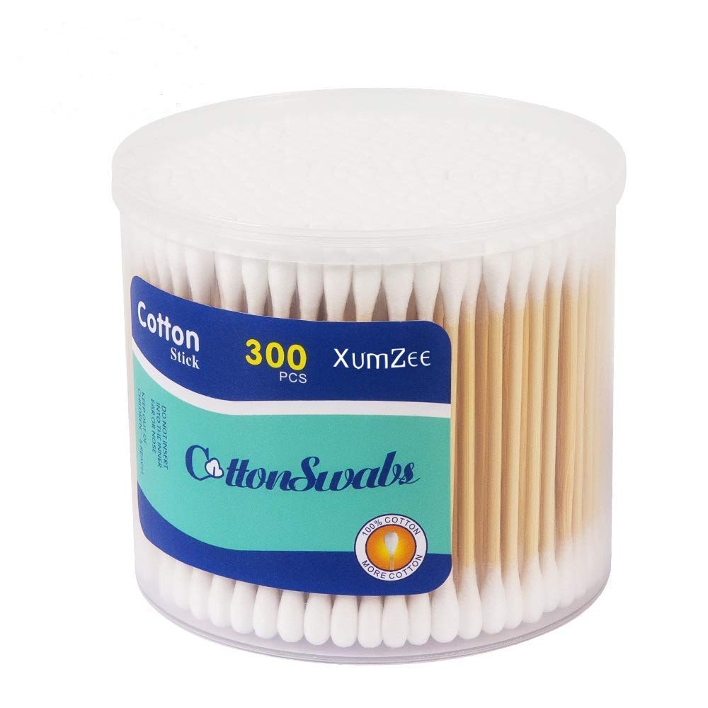 XUMZEE 300ct cotton swabs with bamboo handle for gentle, hygienic daily use.