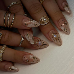 XZMeiLun uñas 3D bohemias con estrellas doradas, forma almendra para look elegante y duradero