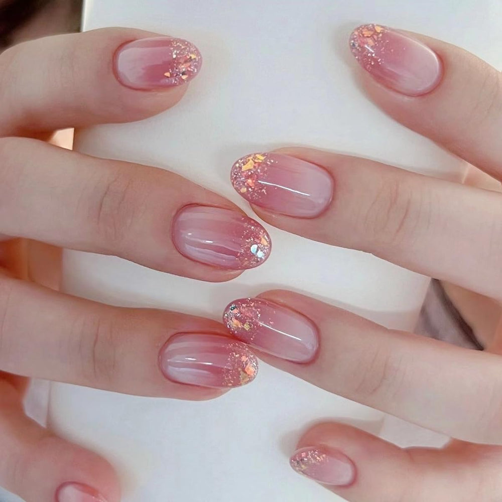 XZMeiLun: uñas postizas degradé rosa-blanco para uñas cortas ovaladas, look elegante