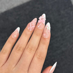 XZMeiLun uñas adheribles con flores 3D en forma almendra corta para ocasiones
