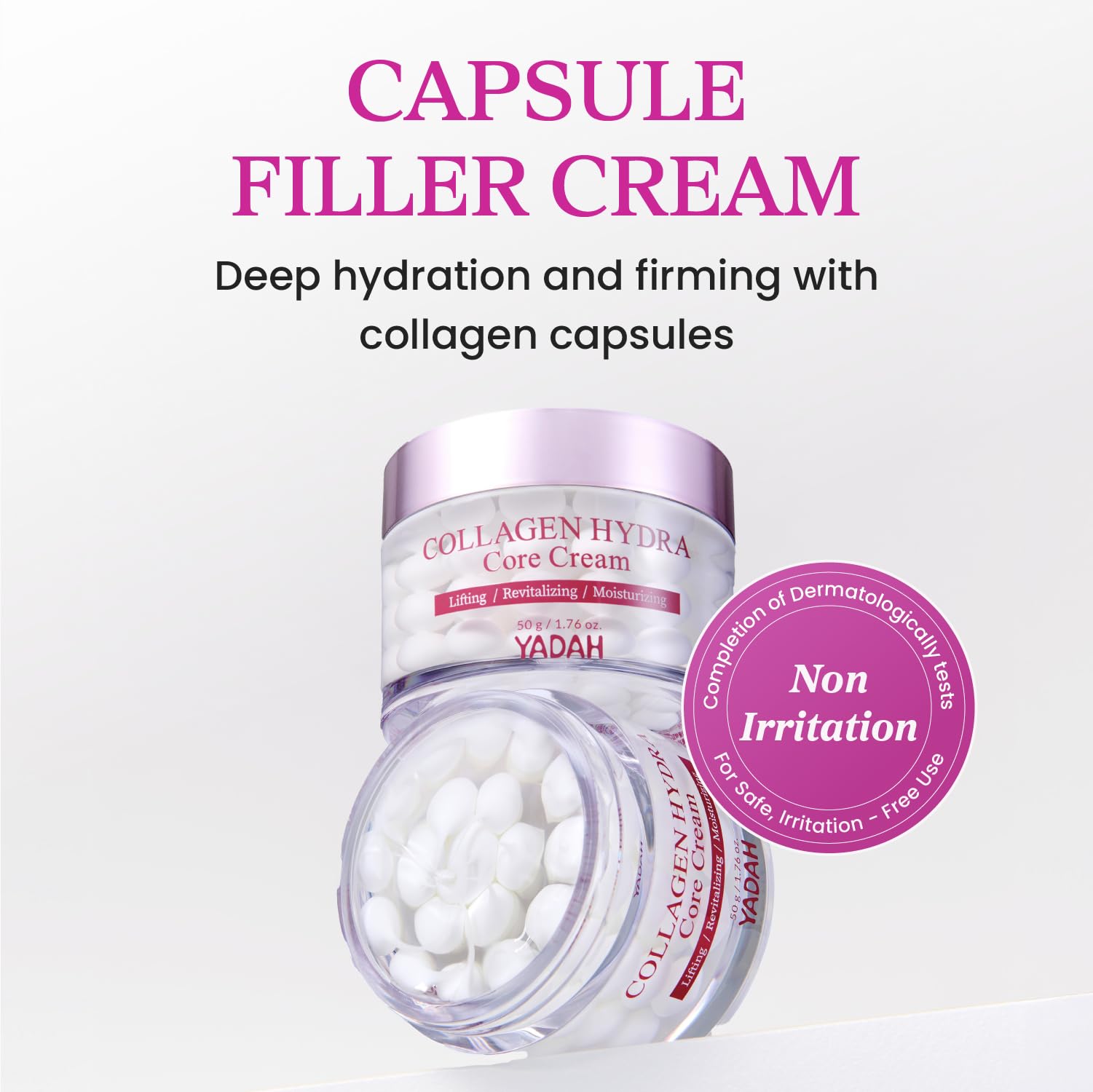 YADAH Collagen Hydra Core Cream label closeup with 1000ppm collagen details for credibility.