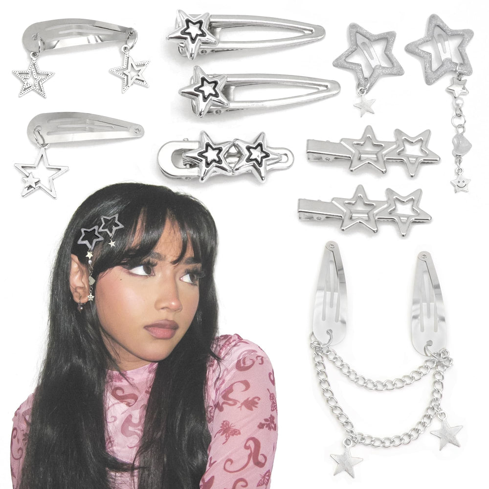 YAEISM clips de pelo estrella plata 8 formas, perfecto para peinados con brillo discreto.