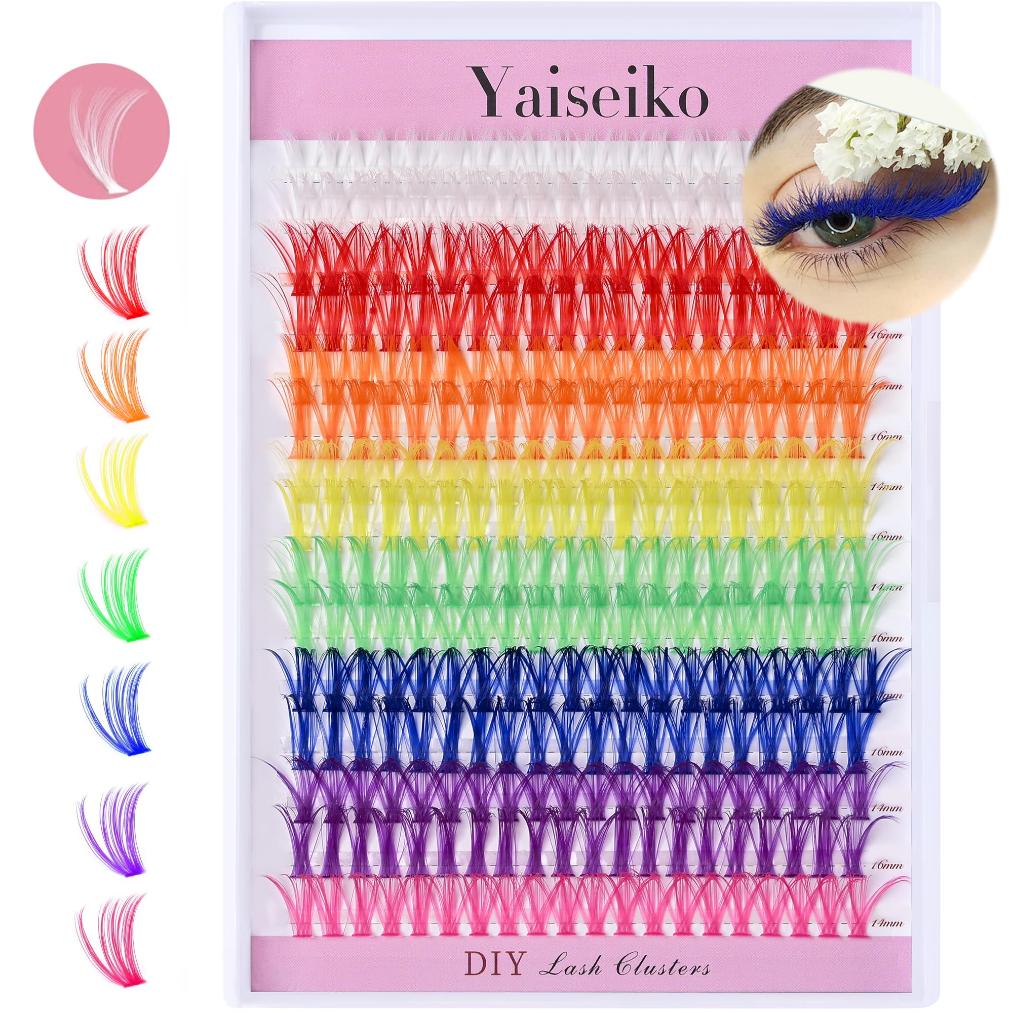 Yaiseiko colored lash clusters tray closeup shows silk fibers for soft, comfortable wear.