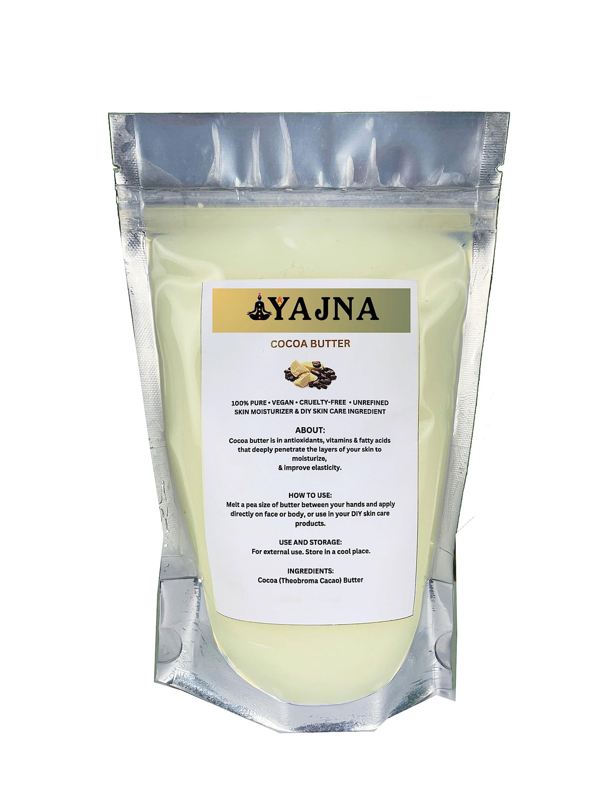 Manteca de cacao cruda de Yajna, hidratante para piel seca y suave.