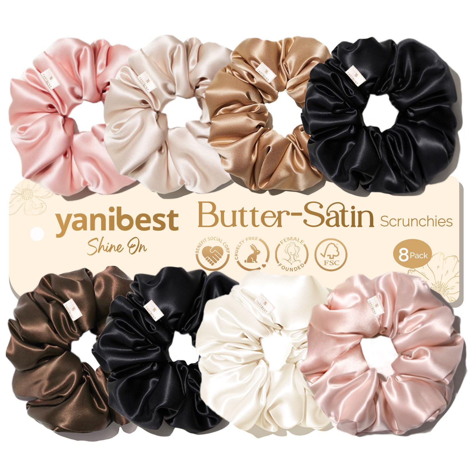 YANIBEST 8-piece satin scrunchies pack with silky texture for gentle, comfortable hold.