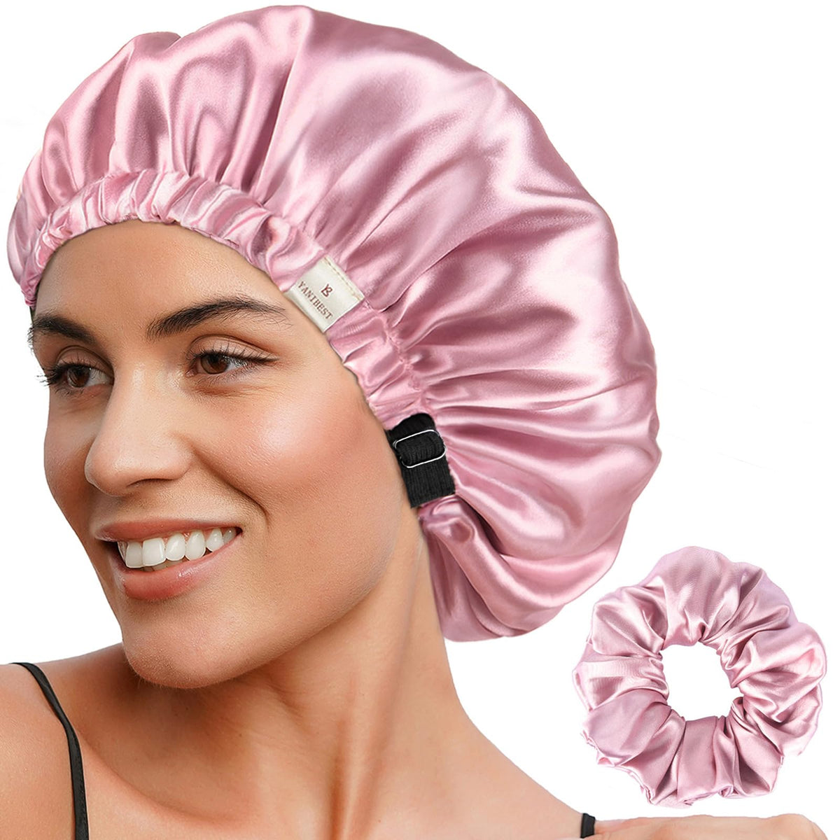 YANIBEST adjustable satin bonnet pearl pink front view promotes overnight hair smoothing.