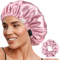 YANIBEST adjustable satin bonnet pearl pink front view promotes overnight hair smoothing.