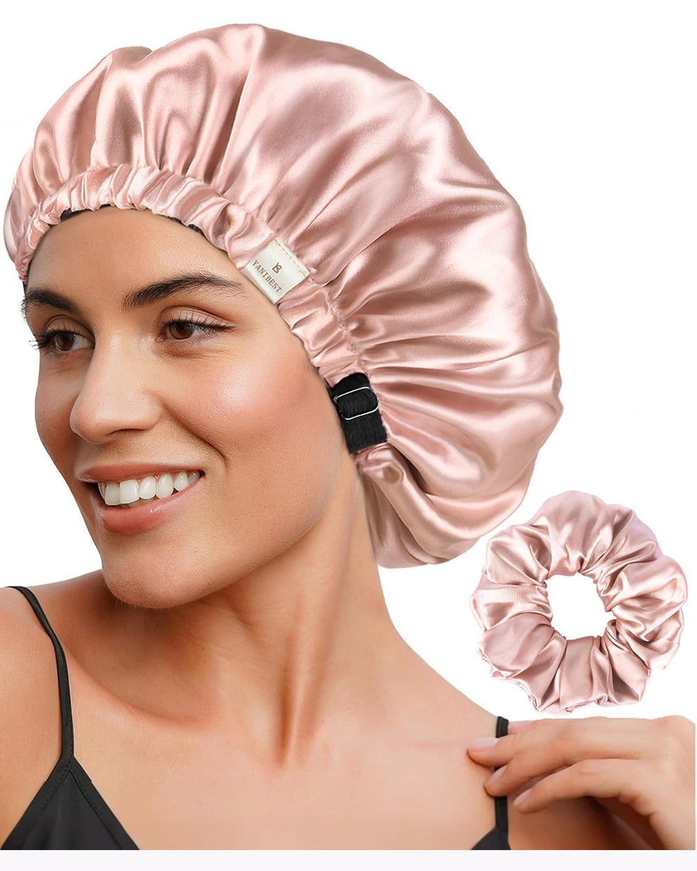 YANIBEST adjustable satin bonnet front view showing comfortable fit for sleep
