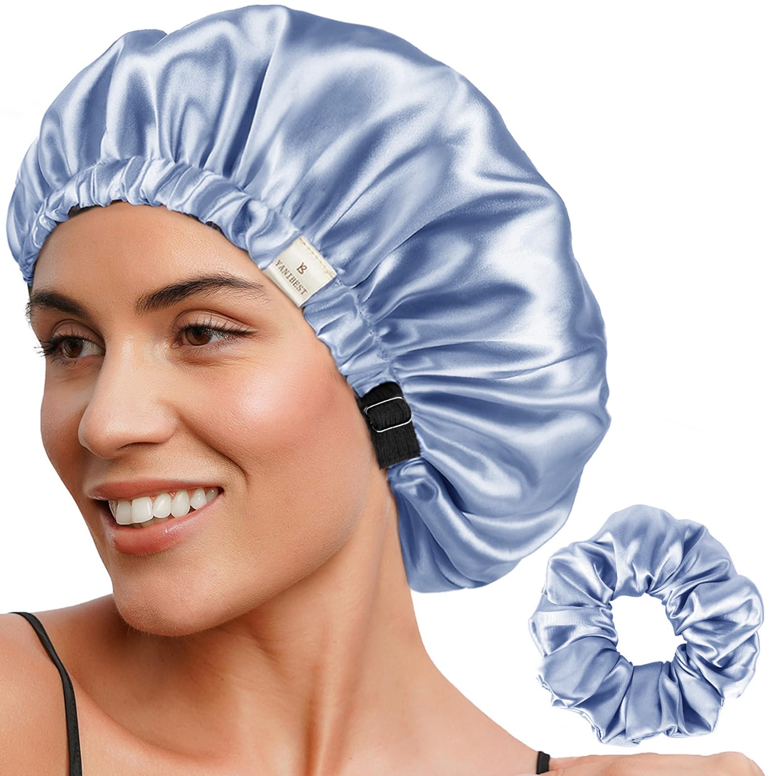 YANIBEST adjustable satin bonnet with strap shown on head for secure night wear