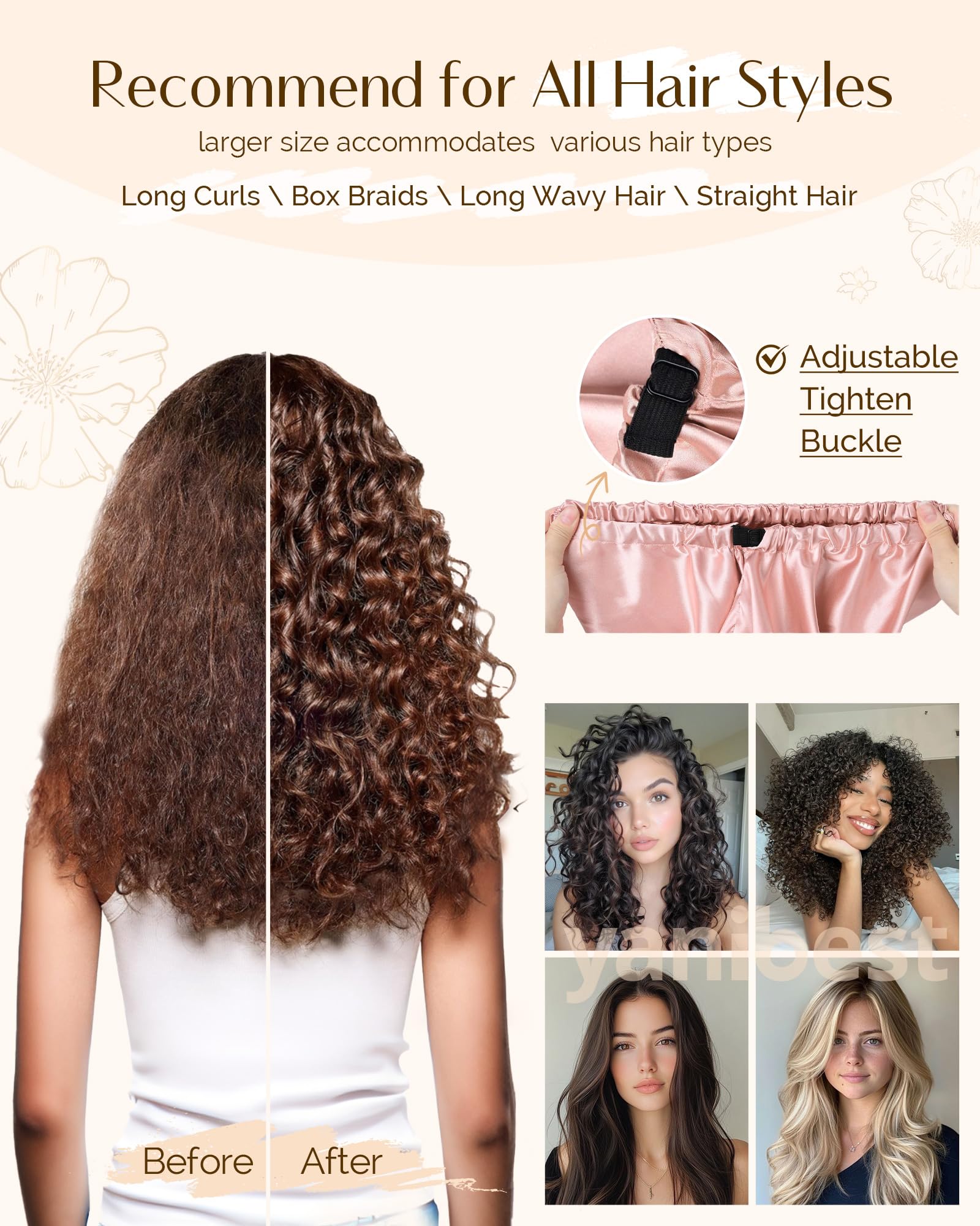 Bonete satin Yanibest para cabello rizado, reduce fricción y encrespamiento