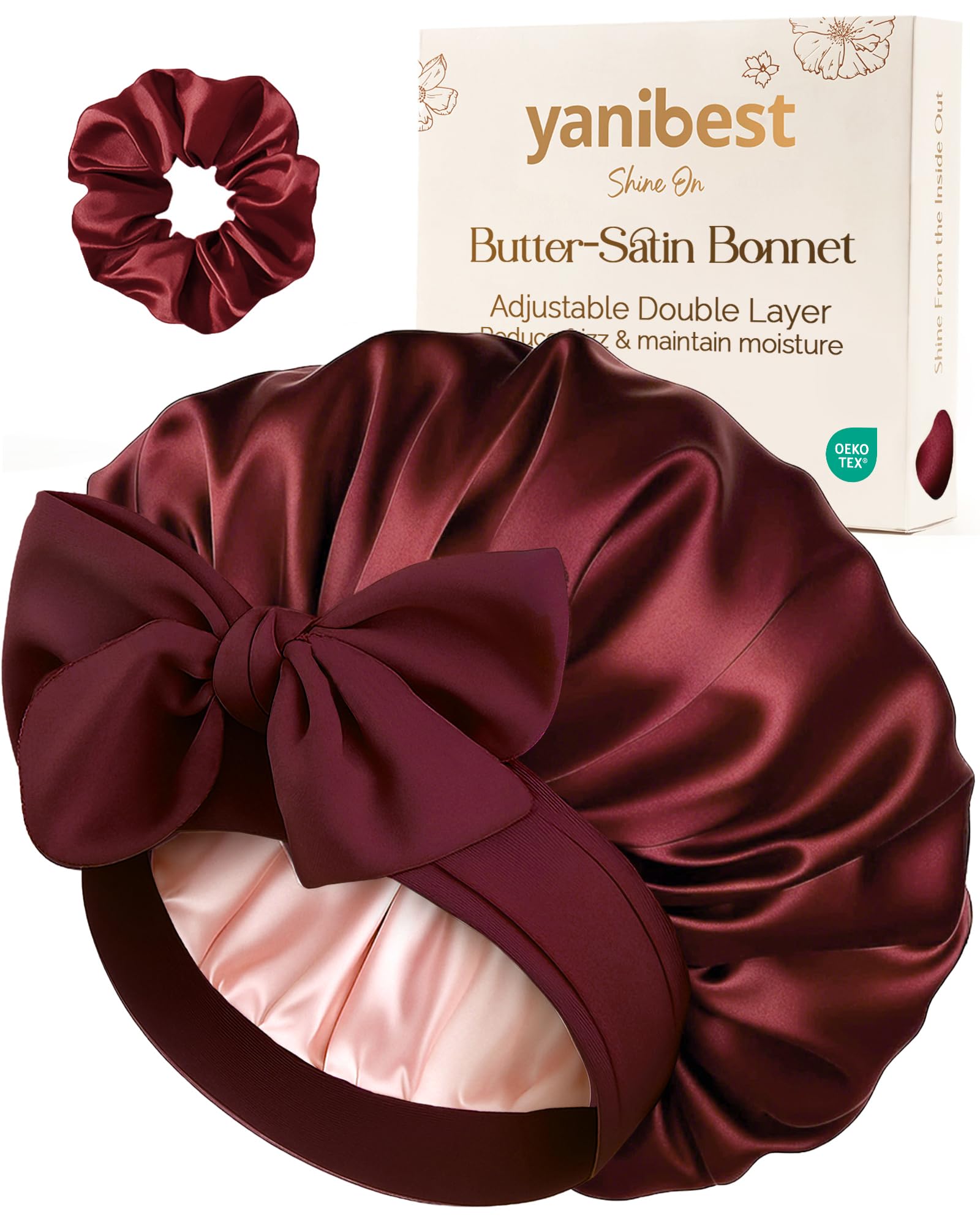 Gorro Yanibest bonete satinado doble capa ajustable burdeos para reducir frizz durante la noche