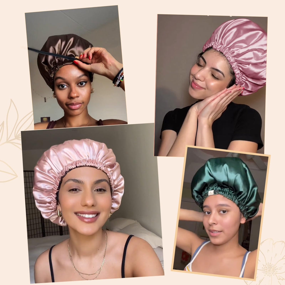 YANIBEST satin bonnet resting on pillow protects sheets from hair products.