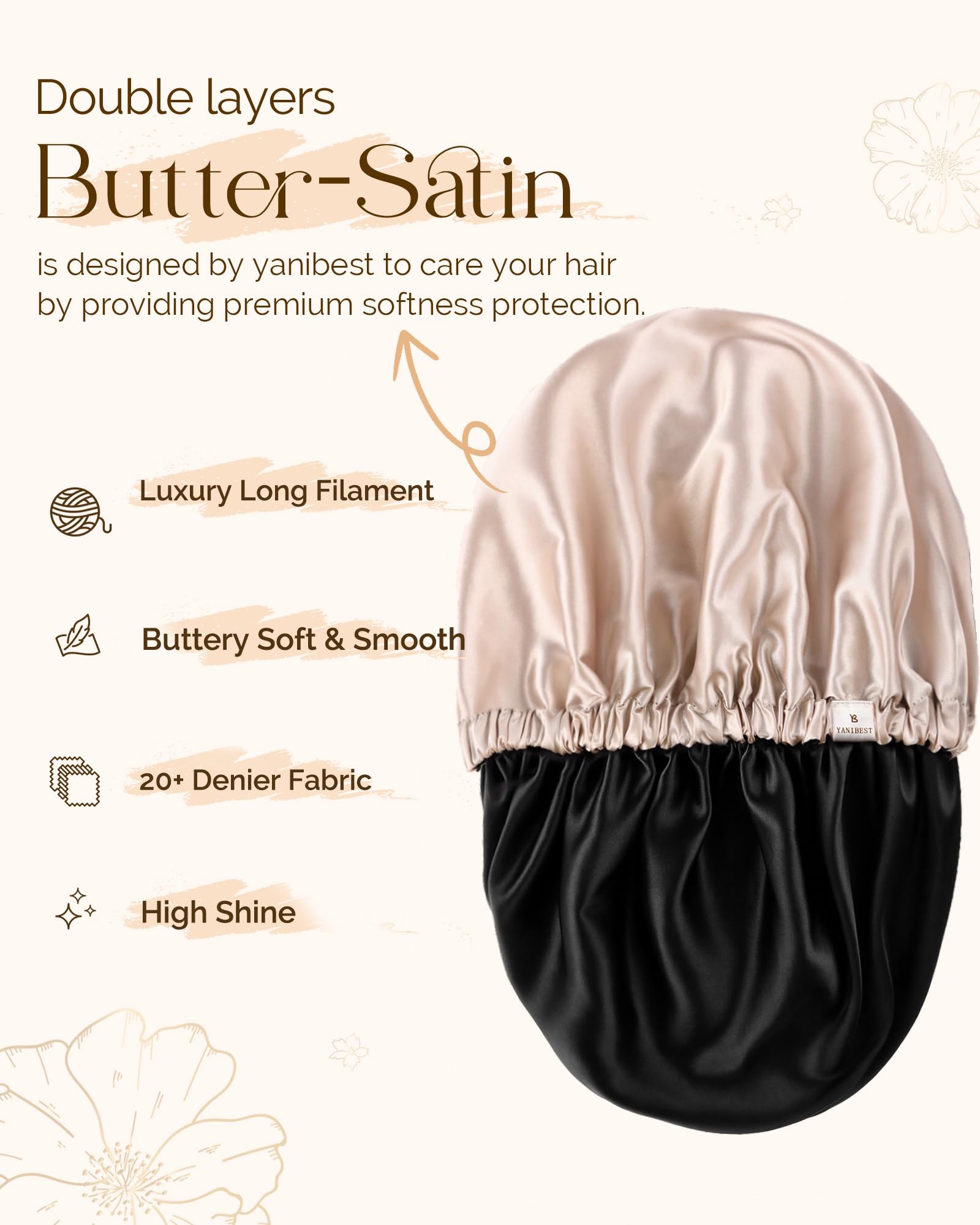 Yanibest Bonnet Satin Multifuncional para dormir, lavar cabello y maquillaje.