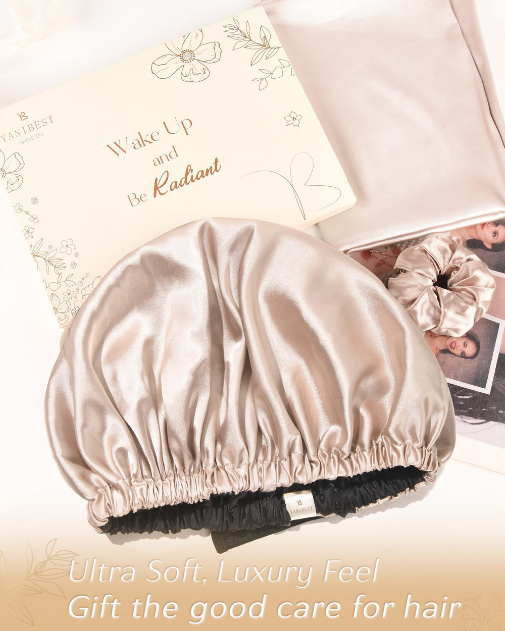 YANIBEST champagne satin bonnet supports gentle skincare during night routines.