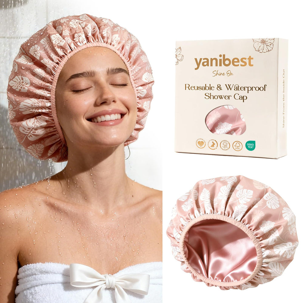 Yanibest gorro de ducha con exterior satinado para mantener el cabello seco.