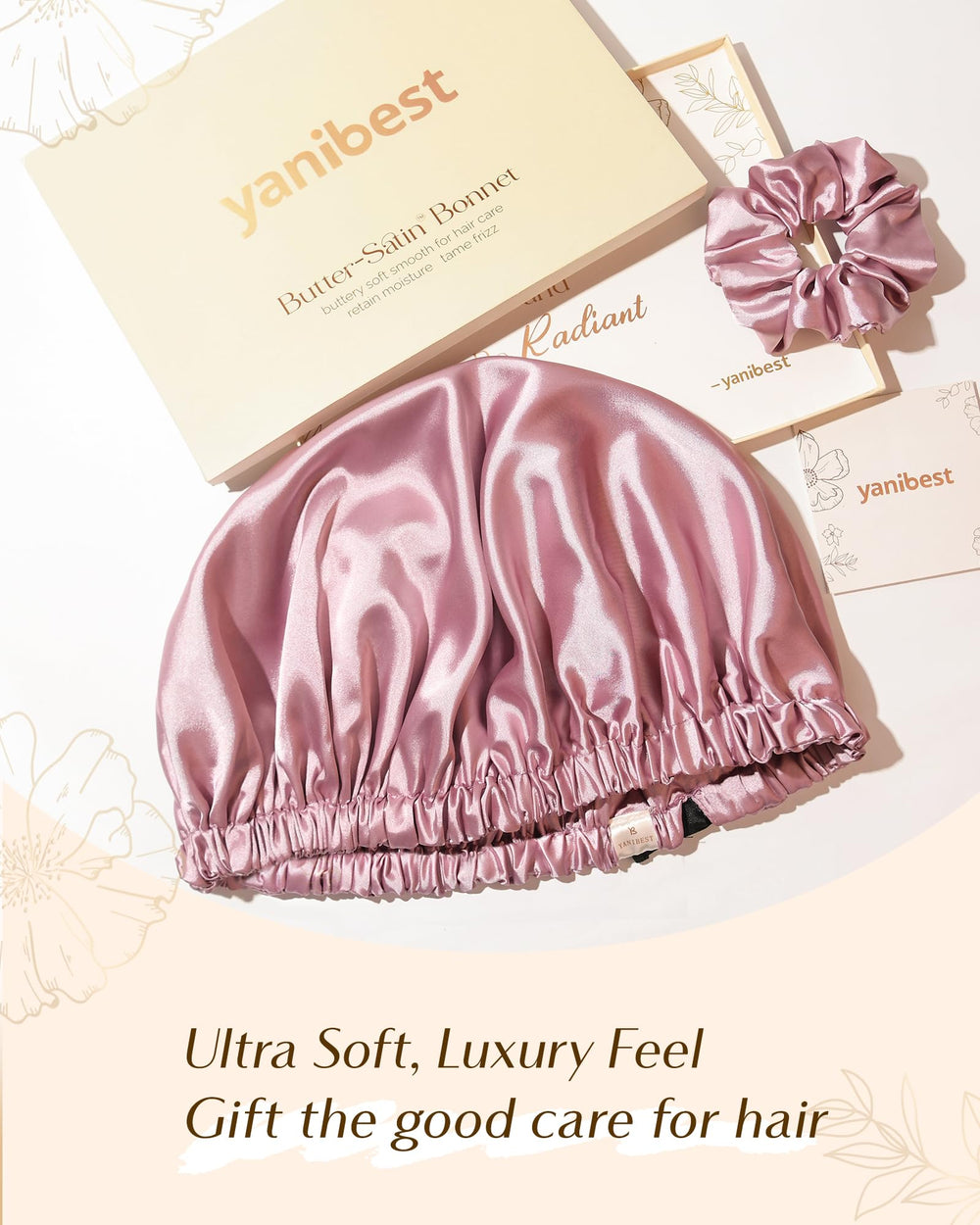 YANIBEST satin bonnet worn by a woman with curly hair for nighttime frizz control.
