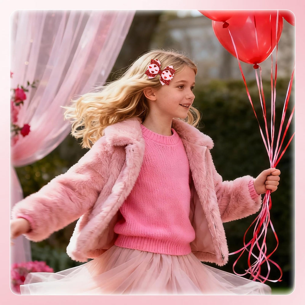 YanJie Valentine pink heart bow clip with glittery finish for kids.