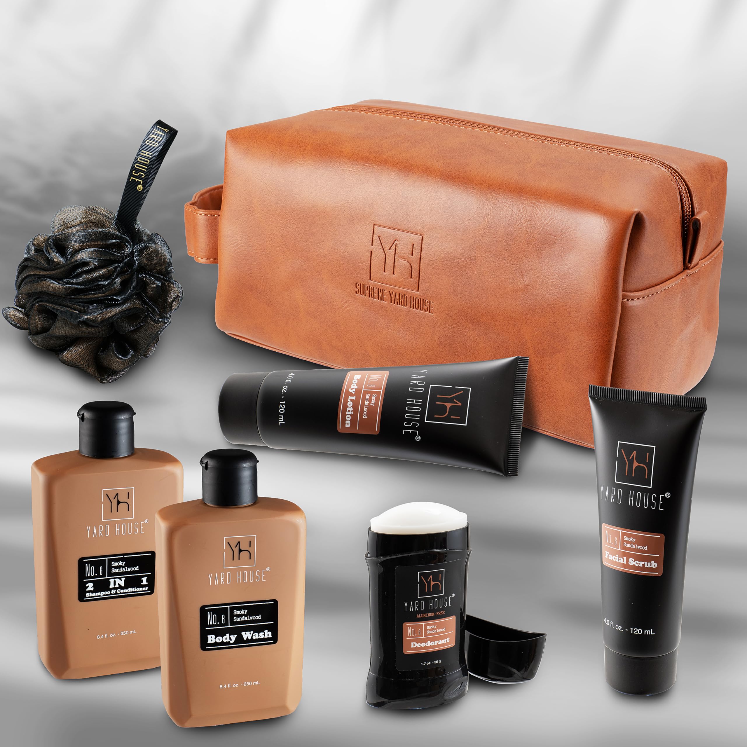 Yard House leather toiletry bag with travel-ready grooming kit.