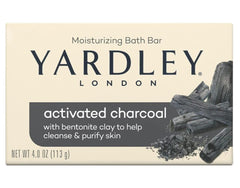 Closeup of Yardley London label on charcoal bath bar for value and heritage