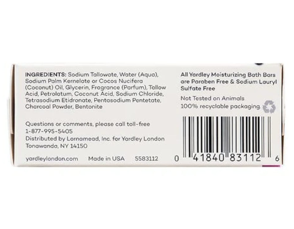 Gift-ready Yardley London charcoal bath bar packaging in the 3-pack