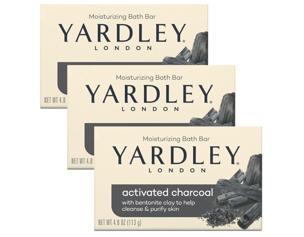 Outer packaging of Yardley London activated charcoal bath bars on display