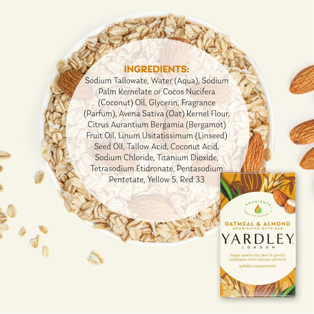 Yardley London barra hidratante avena almendra, aroma relajante para la piel.