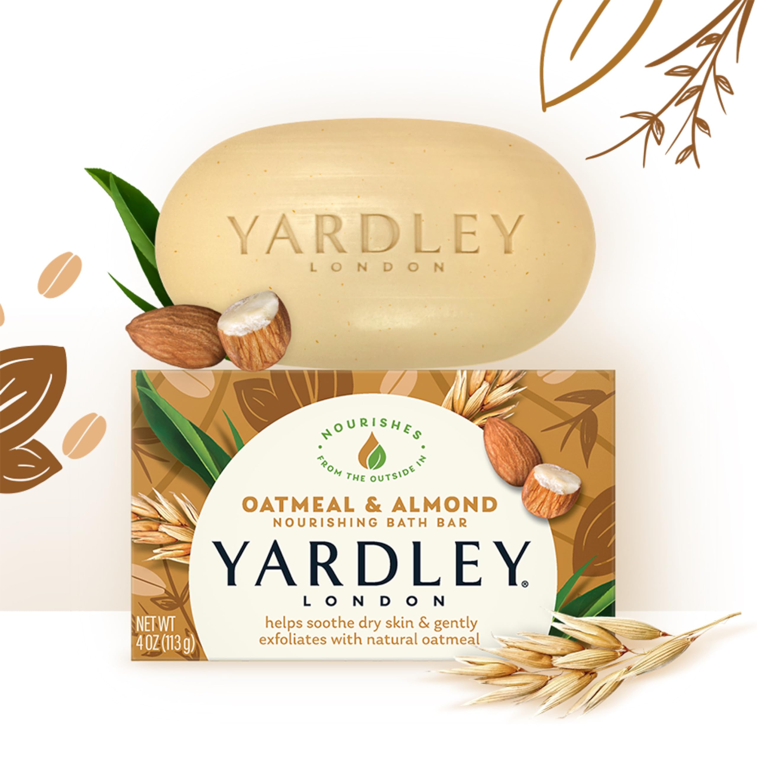 Yardley London barra hidratante avena almendra, ingredientes naturales para el cuidado diario.