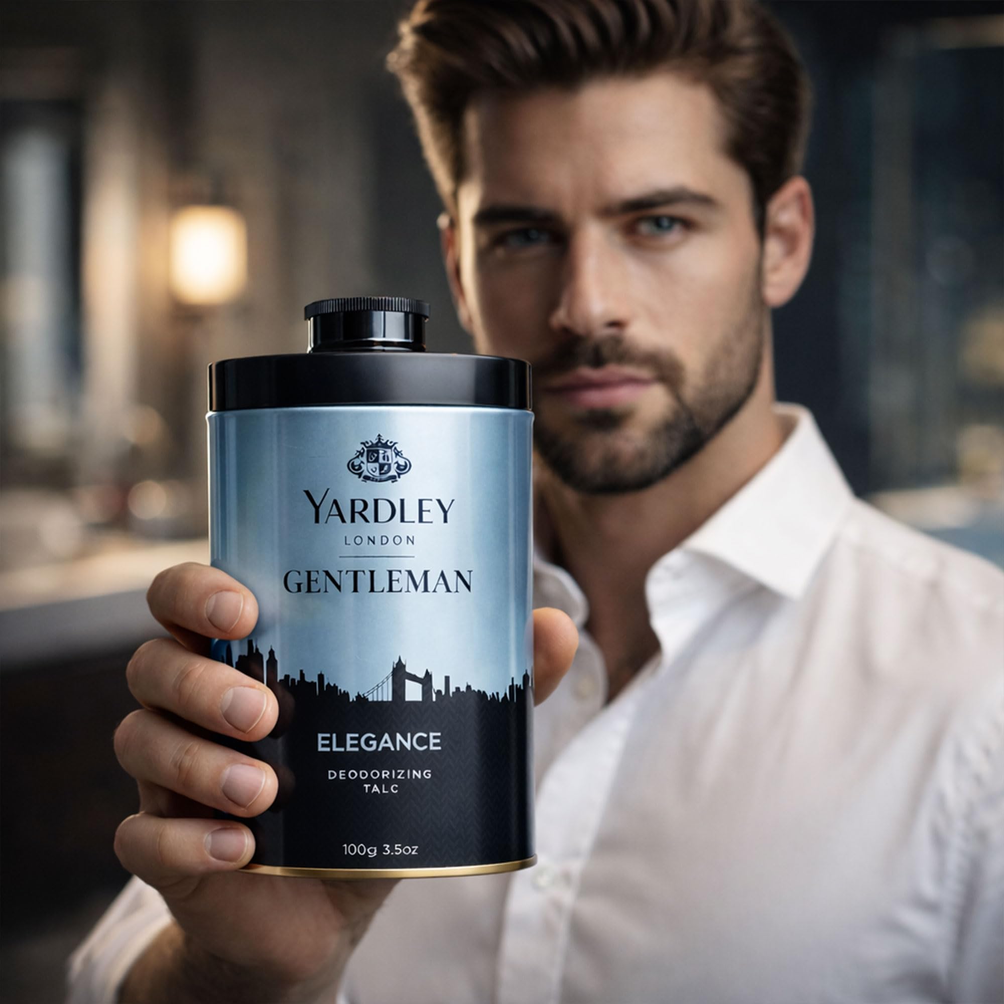 Vanity display of Yardley Elegance talcum powder on a dresser.