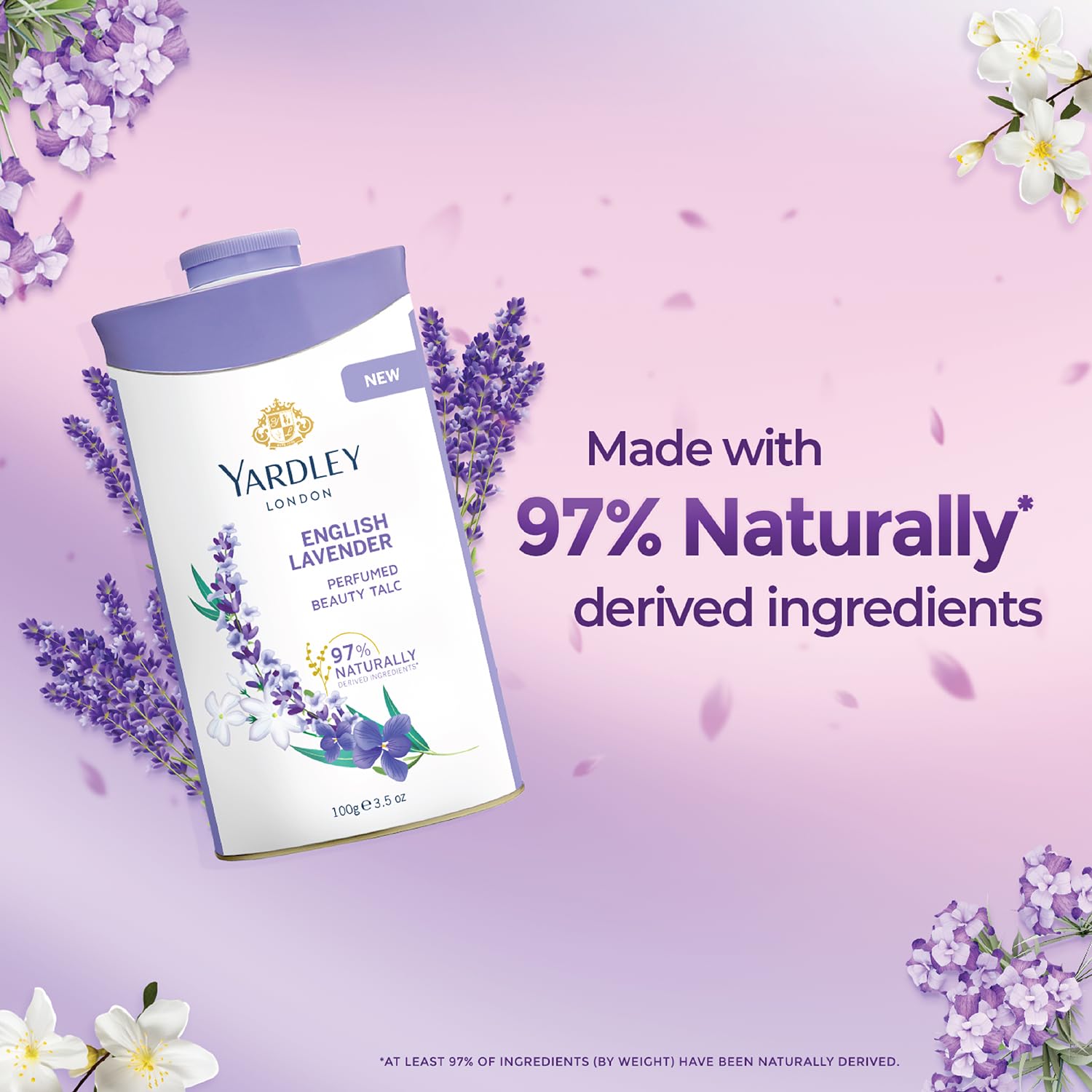 Yardley London English Lavender talc closeup highlights silky texture ideal for touch-up moments.