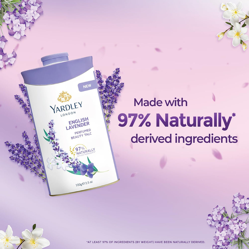 Yardley London English Lavender talc closeup highlights silky texture ideal for touch-up moments.