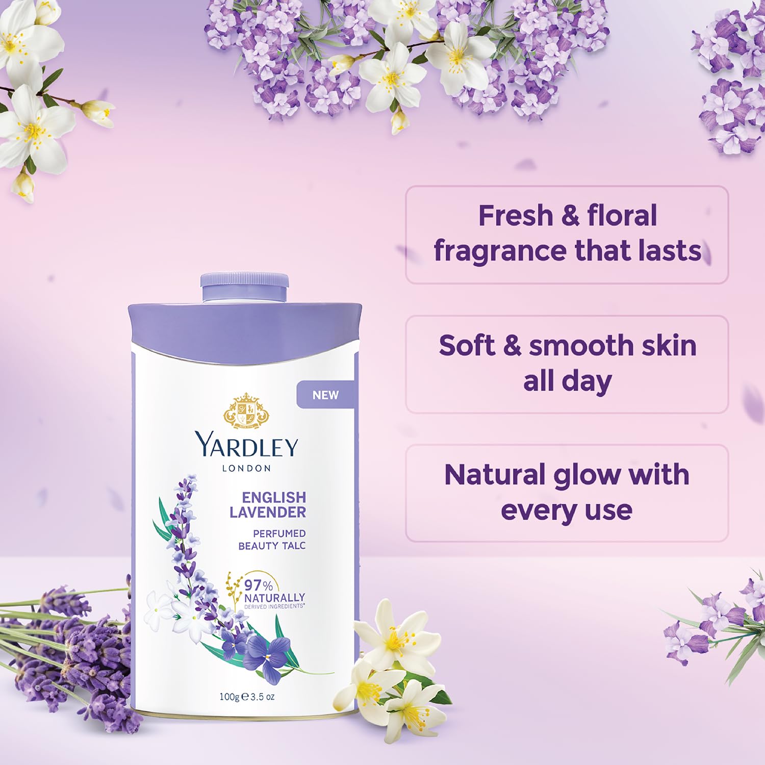 Yardley London English Lavender talc compact demonstrates portable freshness on busy days.