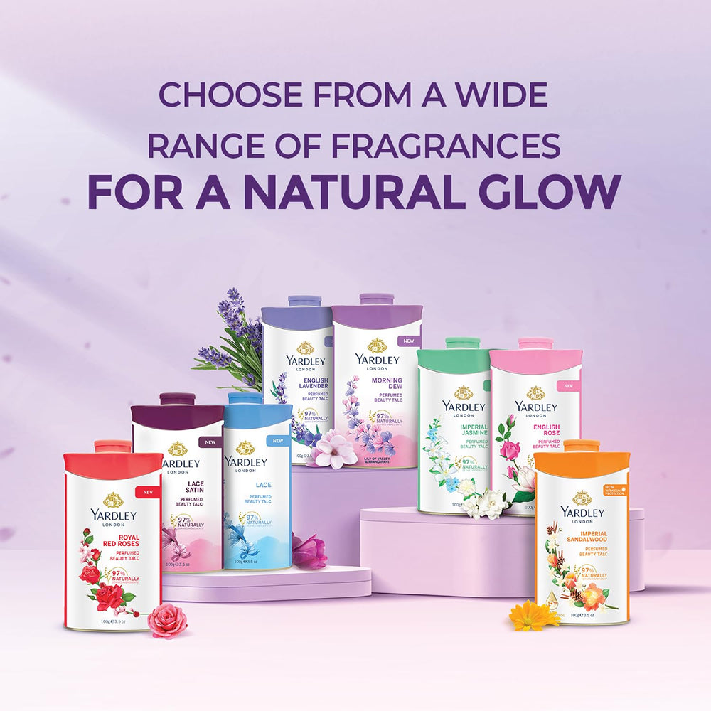 Yardley London English Lavender talc on skin demonstrates quick dryness and delicate scent.