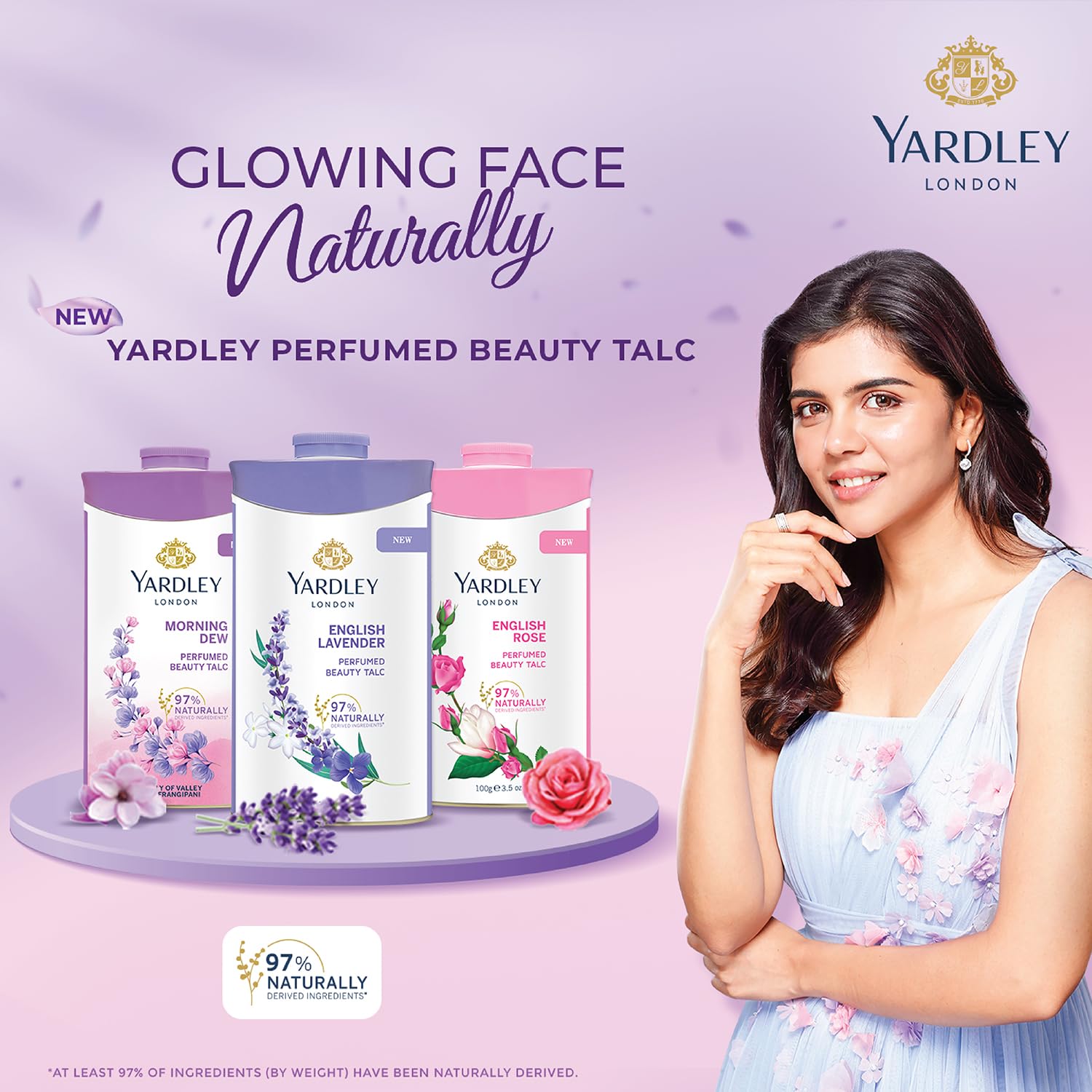 Yardley London English Lavender talc packaging emphasizes UK-made quality and timeless elegance.