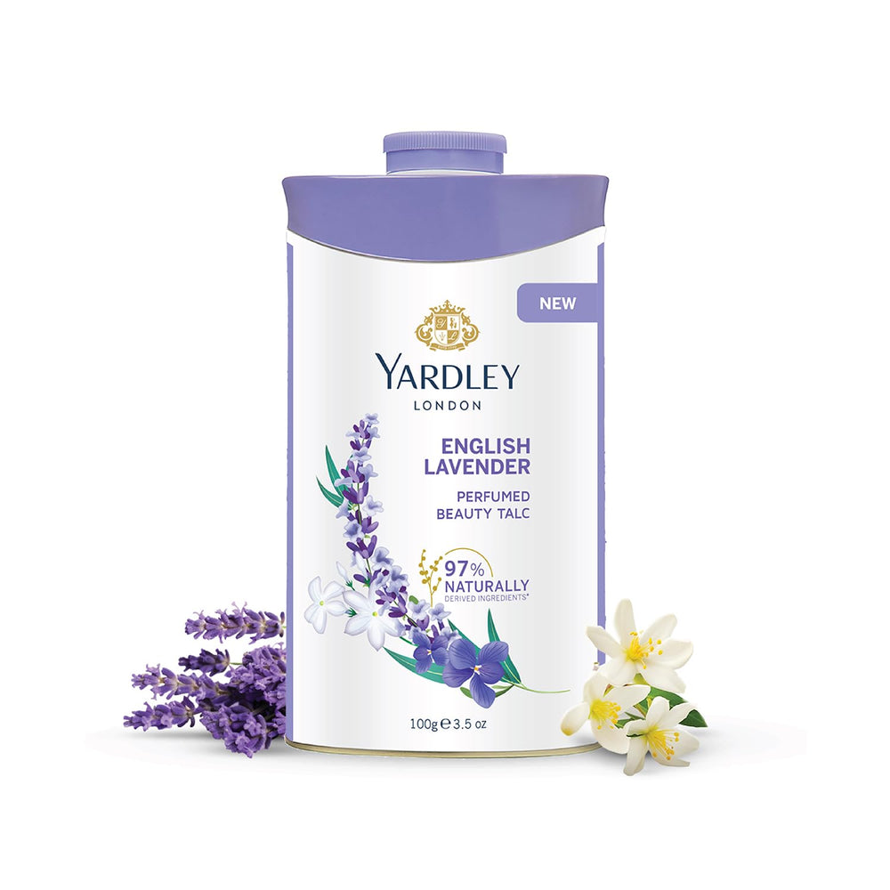 Yardley London English Lavender talc tin offers a classic scent for everyday freshness.