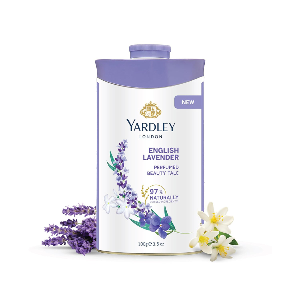 Yardley London English Lavender talc tin offers a classic scent for everyday freshness.
