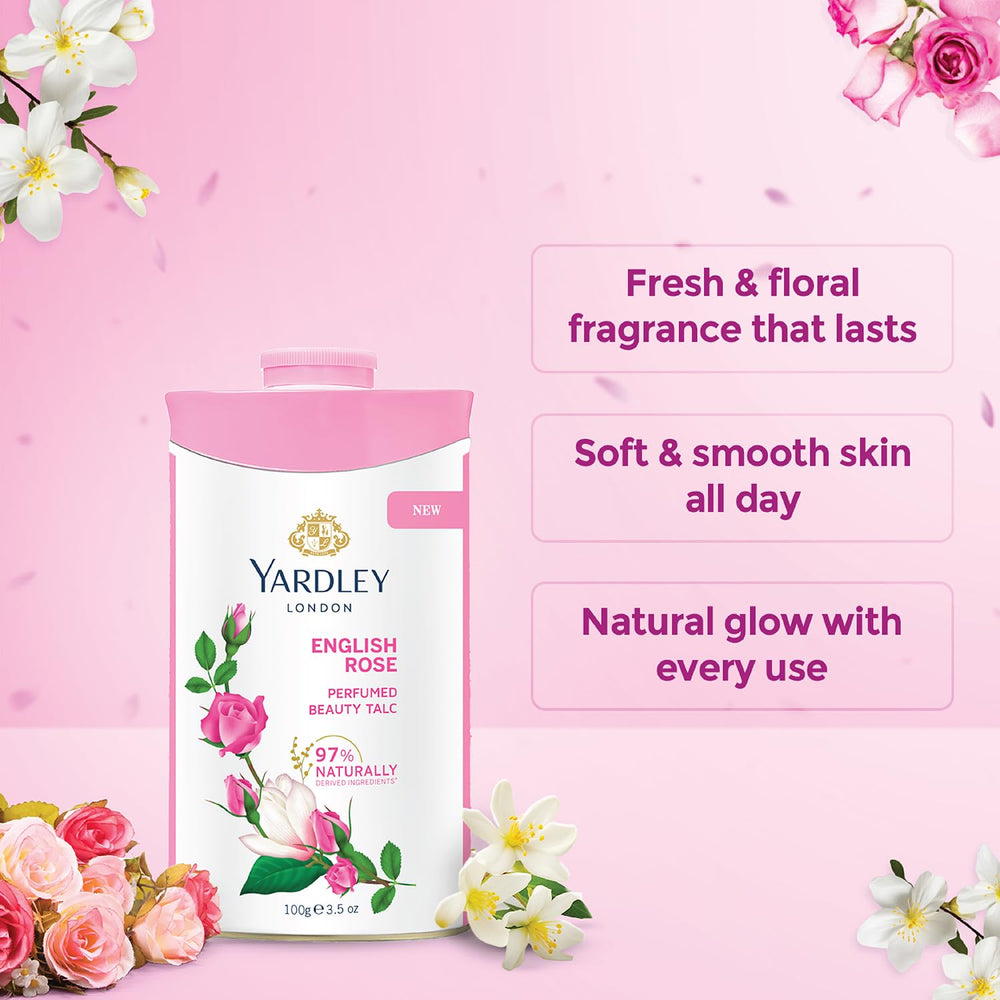Comfortable skin with Yardley English Rose talc powder applied evenly.