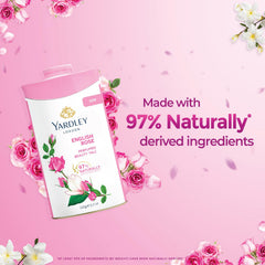 Yardley London English Rose talc packaging designed for travel and on-the-go use.