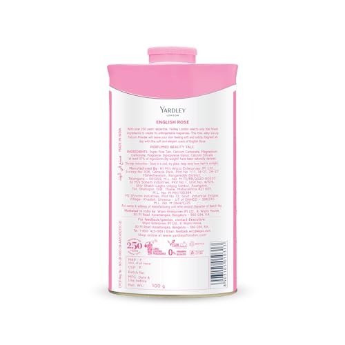 Close-up of Yardley English Rose talc showing fine smooth powder texture.