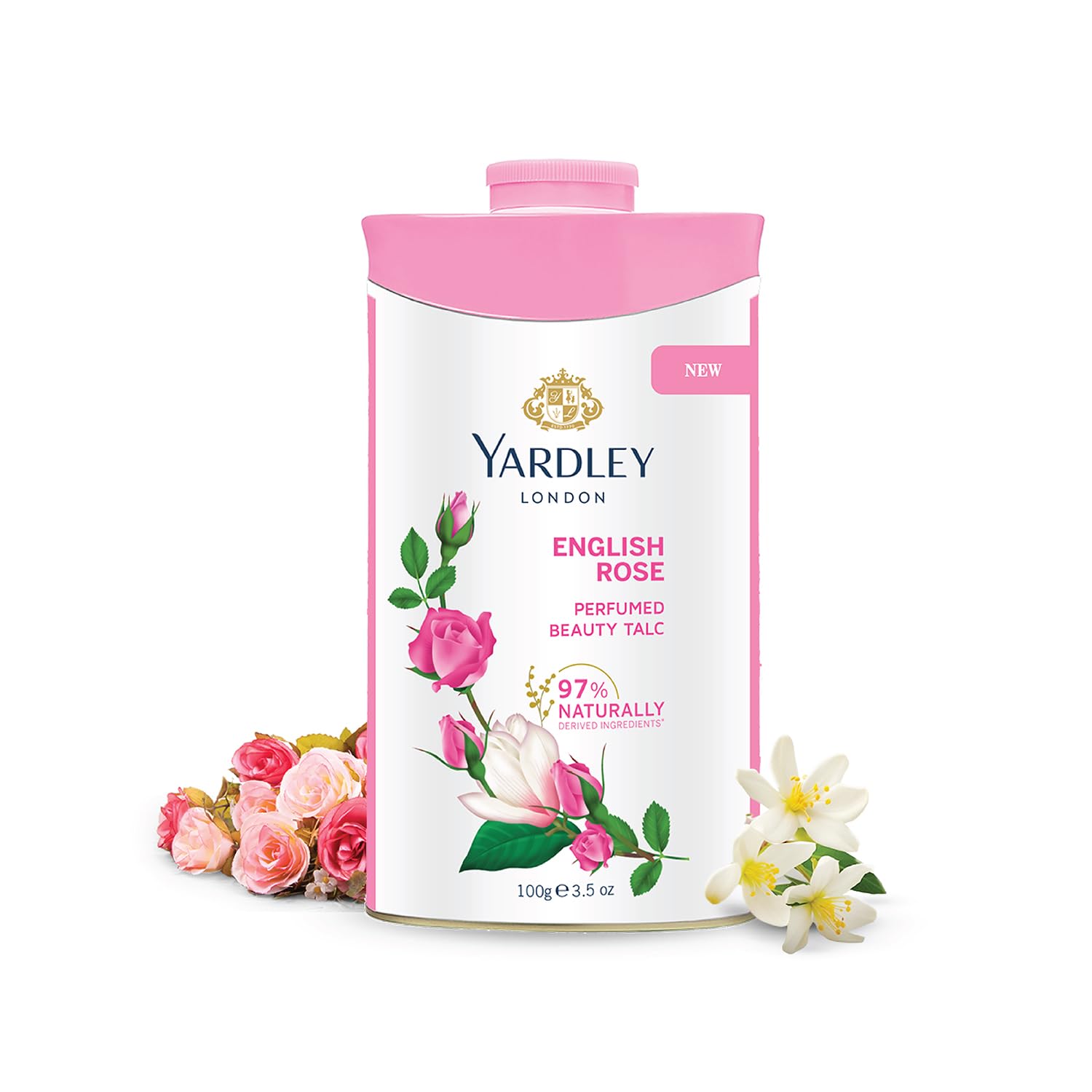 Yardley London English Rose talc tub displaying classic fragrance for daily freshness.