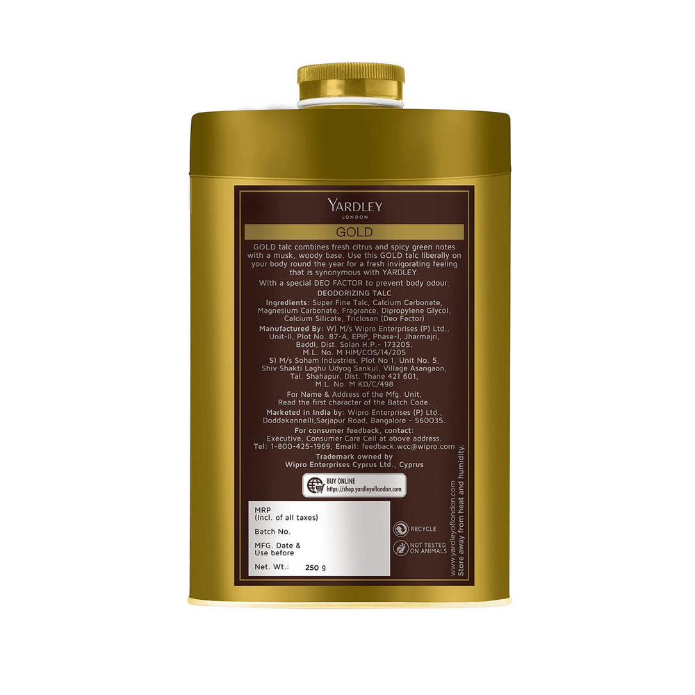 Yardley London Gold Talco, frasco de 250 g con fragancia duradera.
